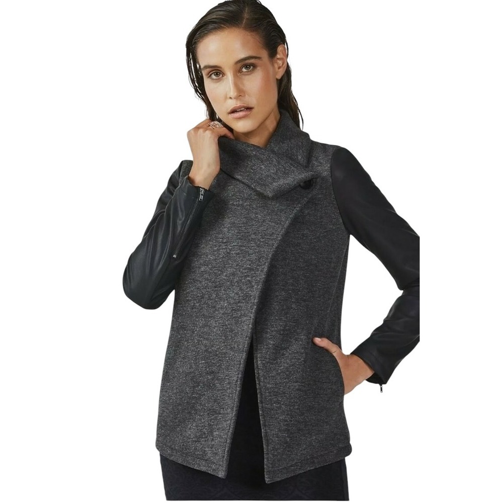 Fabletics Medium Jacket Gray Faux Leather Sleeve Mixed Media Biker Grunge Goth E
